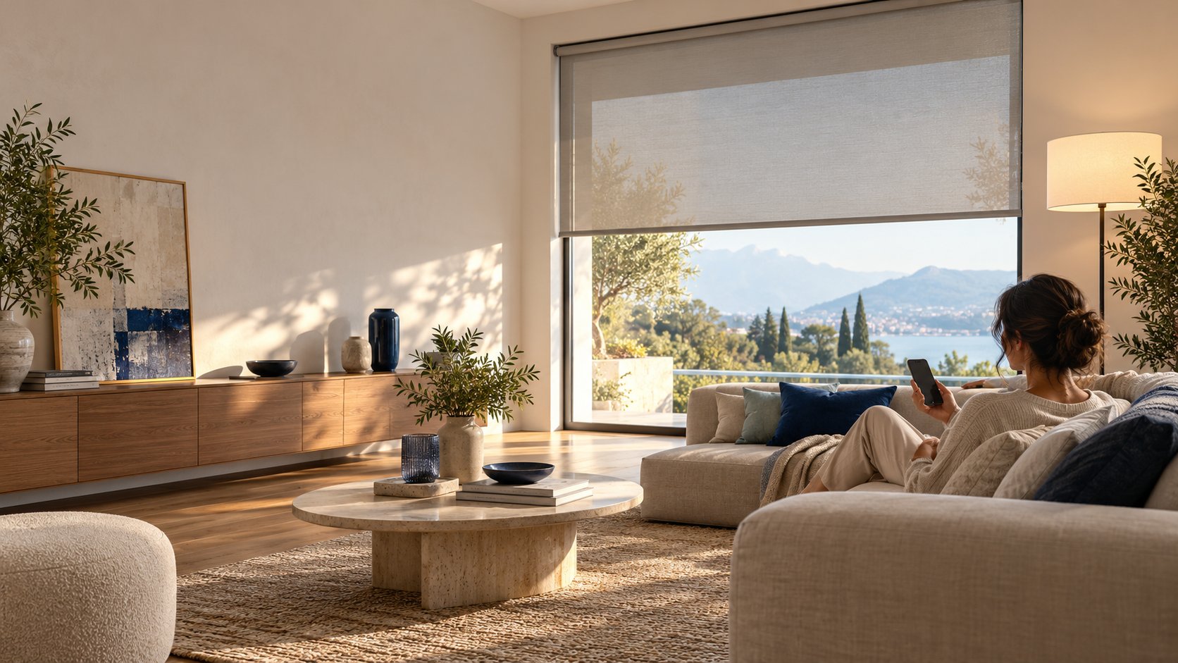 Ambiente domestico con illuminazione, schermatura della finestra e controllo da smartphone