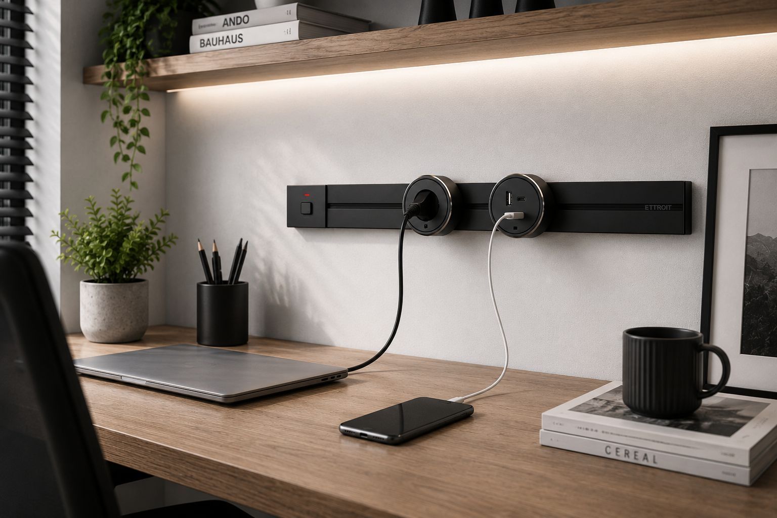 Sistema a binario ETTROIT montato sopra una scrivania, con presa Schuko e modulo USB in uso